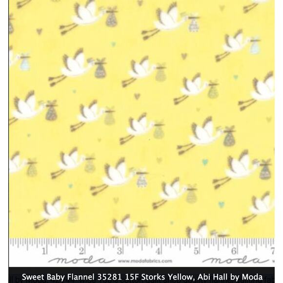 2 yds Sweet Baby Yellow Flannel STORKS Abi Hall by Moda Fabrics Quilting Cotton - Picture 1 of 4